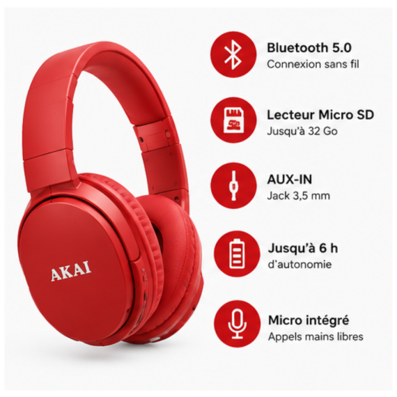 Casque AKAI CA159R autonomie jusqu'à 6 heures