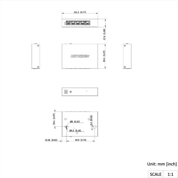 Dimensions du switch Gigabit PoE Hikvision DS-3E1505P-EI
